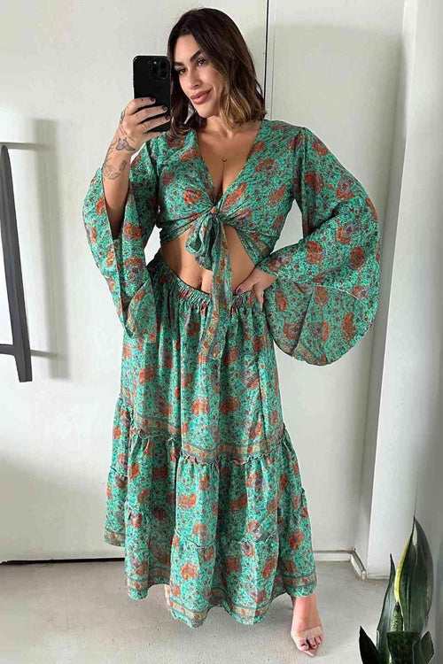 Vestido Boho Longo Aurora Celeste Crepe Linha Luxo.